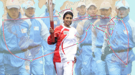 Collage Fackellauf - L�uferin, Torchguards, Weltkarte mit Route